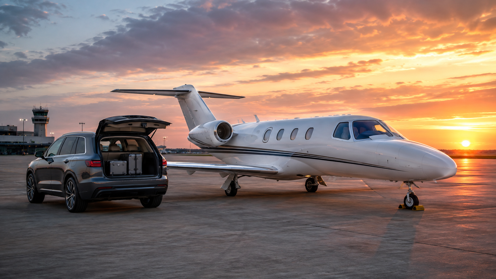 Private jet at sunset with SUV and luggage